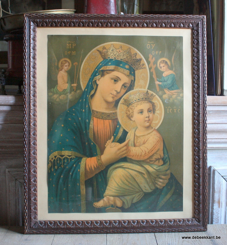 Antieke houten kader met afbeelding Maria en Jezus